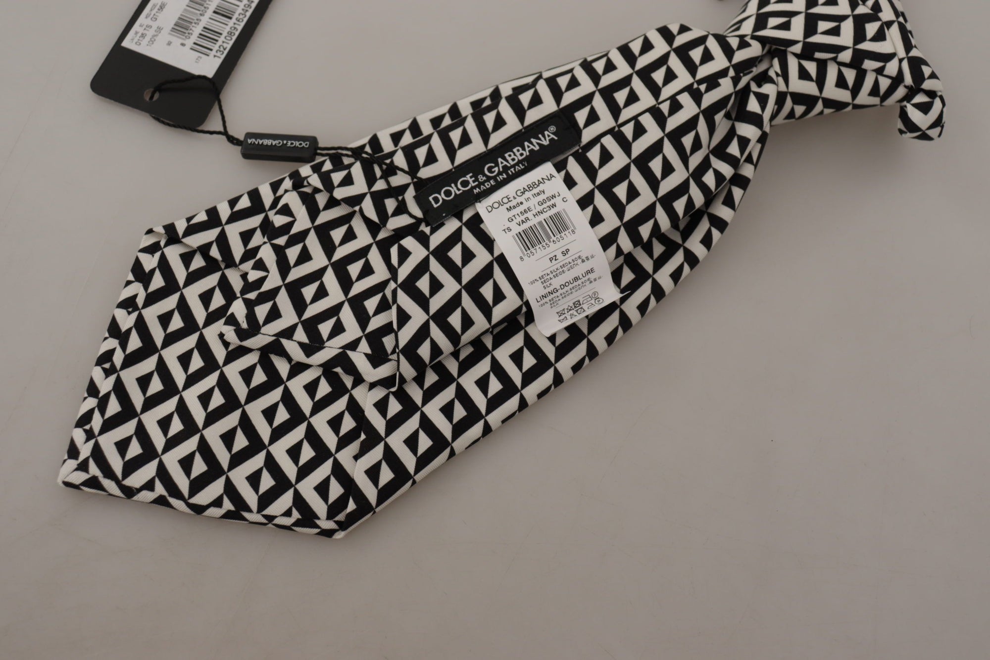 Dolce & Gabbana Black White Geometric 100% Silk Adjustable Accessory Tie - Maison Luxe