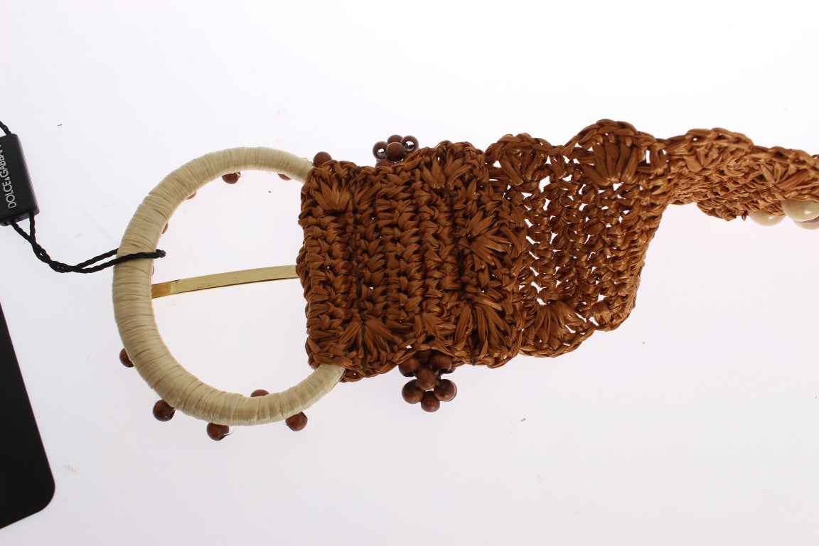 Dolce & Gabbana Brown Raffia Wood Beaded Wide Waist Belt