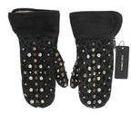 Dolce & Gabbana Gray Wool Shearling Studded Green Leopard Gloves