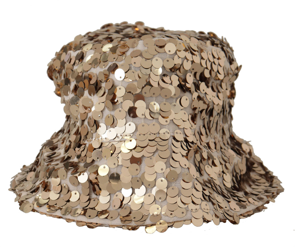 Dolce & Gabbana Gold Silk Sequin Embellished Designer Brim Bucket Hat - Maison Luxe
