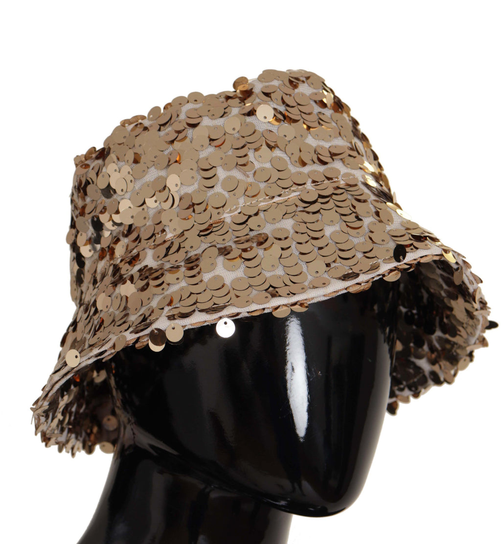 Dolce & Gabbana Gold Silk Sequin Embellished Designer Brim Bucket Hat - Maison Luxe
