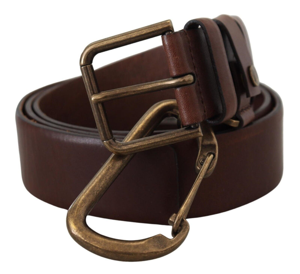 Dolce & Gabbana Brown Leather Gold Metal Buckle Carabiner Belt - Maison Luxe