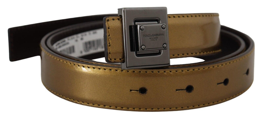 Dolce & Gabbana Gold Leather Silver Square Metal Buckle Belt - Maison Luxe