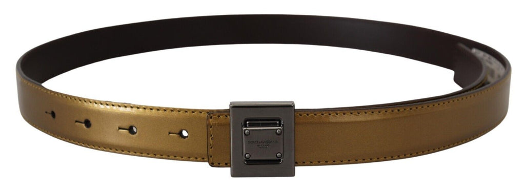 Dolce & Gabbana Gold Leather Silver Square Metal Buckle Belt - Maison Luxe