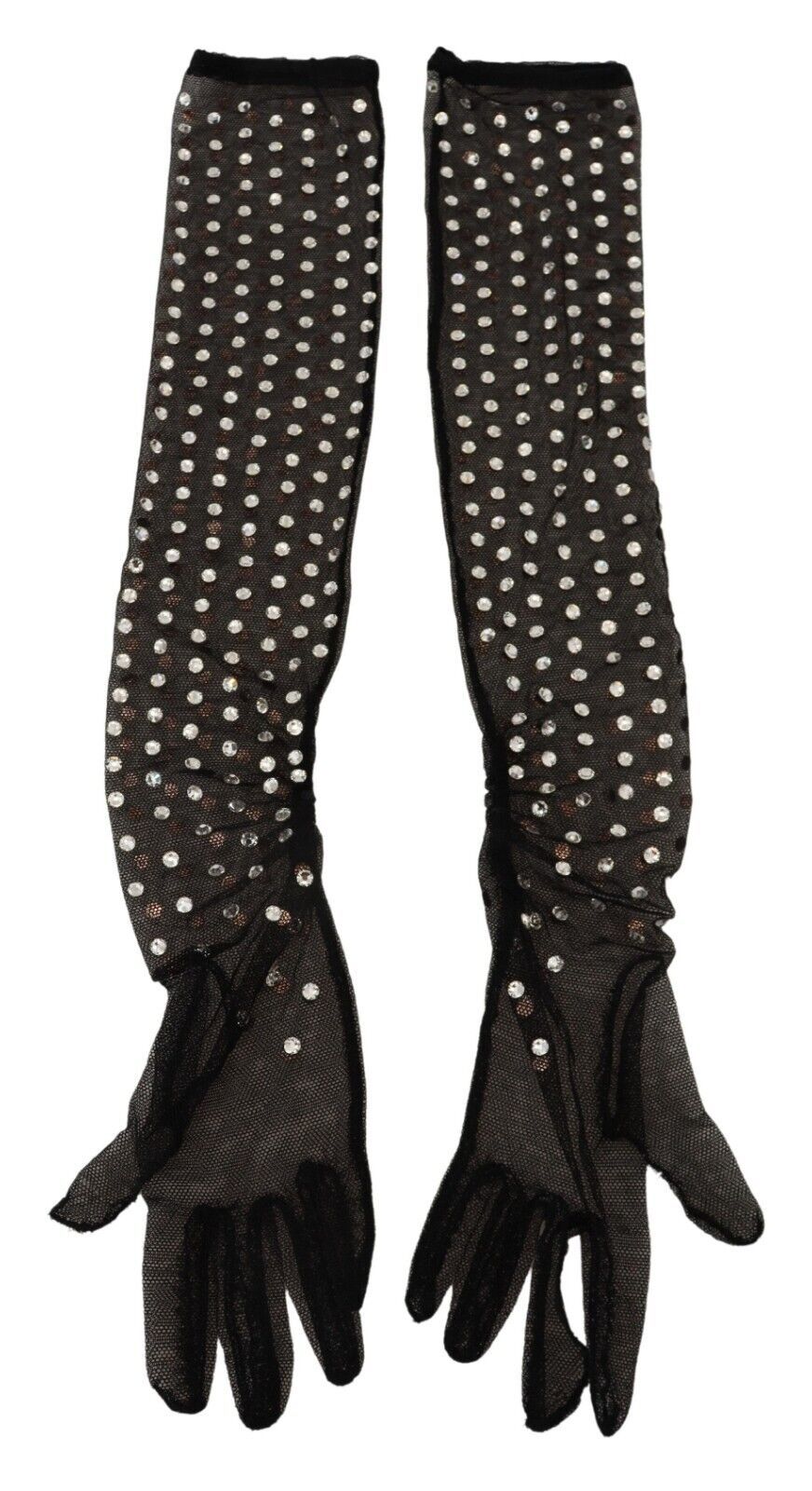 Dolce & Gabbana Black Crystal Elbow Length Cotton Tulle Gloves - Maison Luxe