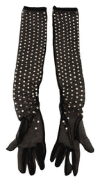 Dolce & Gabbana Black Crystal Elbow Length Cotton Tulle Gloves - Maison Luxe