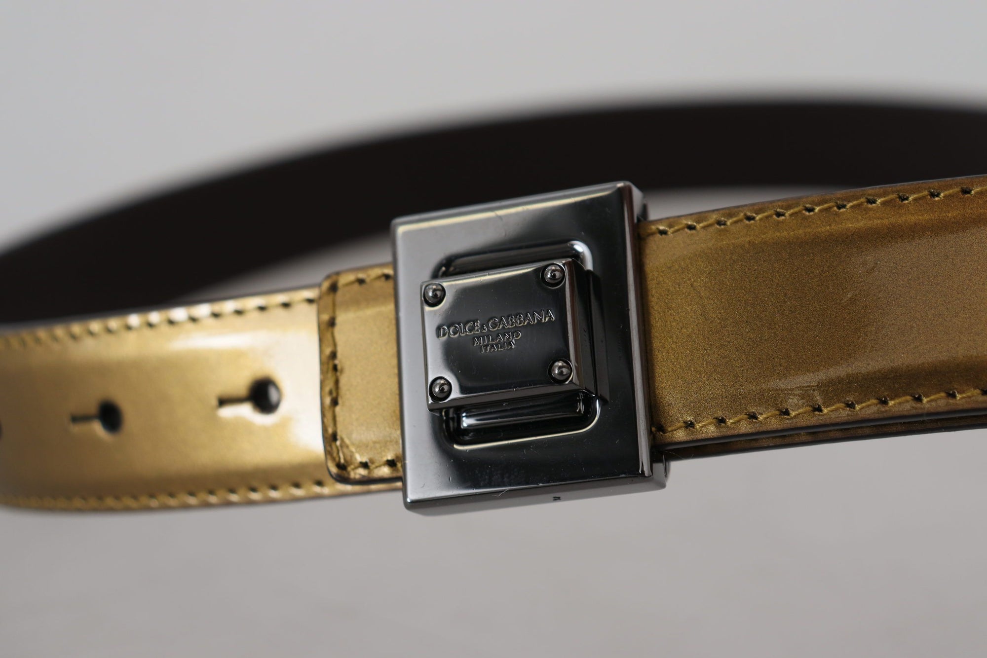 Dolce & Gabbana Gold Leather Silver Square Metal Buckle Belt - Maison Luxe
