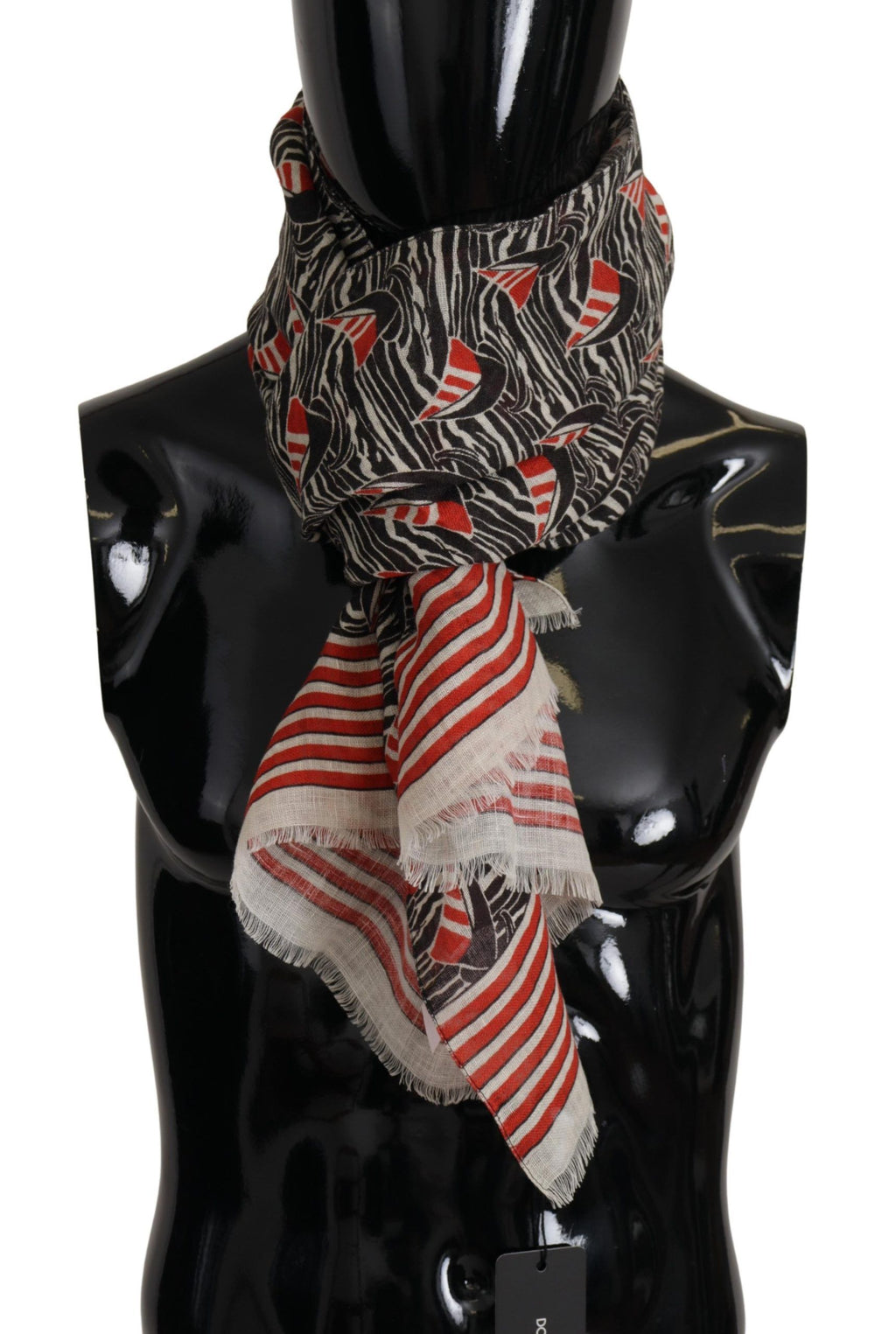Dolce & Gabbana Black Red Linen Sailboat Stripe Print Shawl Scarf - Maison Luxe