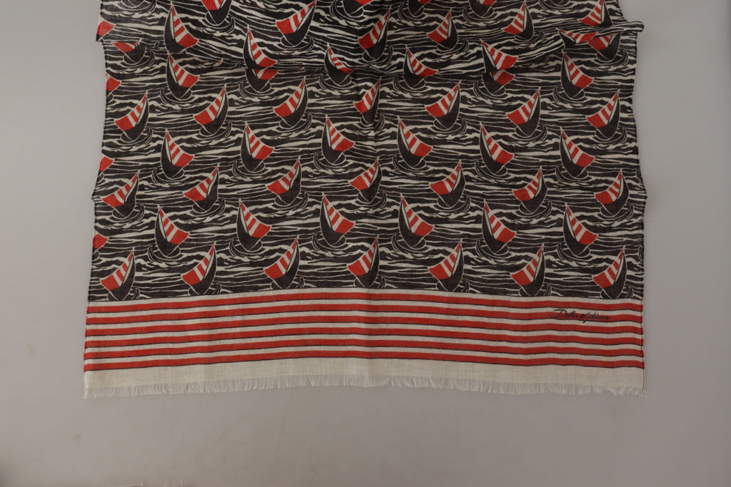 Dolce & Gabbana Black Red Linen Sailboat Stripe Print Shawl Scarf - Maison Luxe