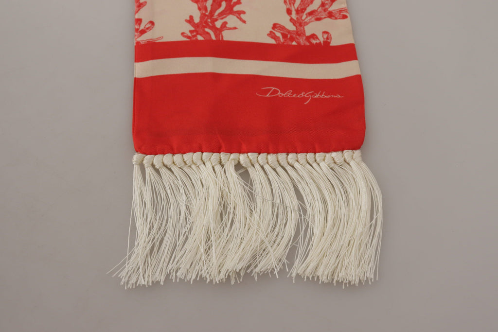 Dolce & Gabbana White Red Coral Print Shawl Wrap Fringe Scarf - Maison Luxe