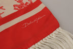 Dolce & Gabbana White Red Coral Print Shawl Wrap Fringe Scarf - Maison Luxe