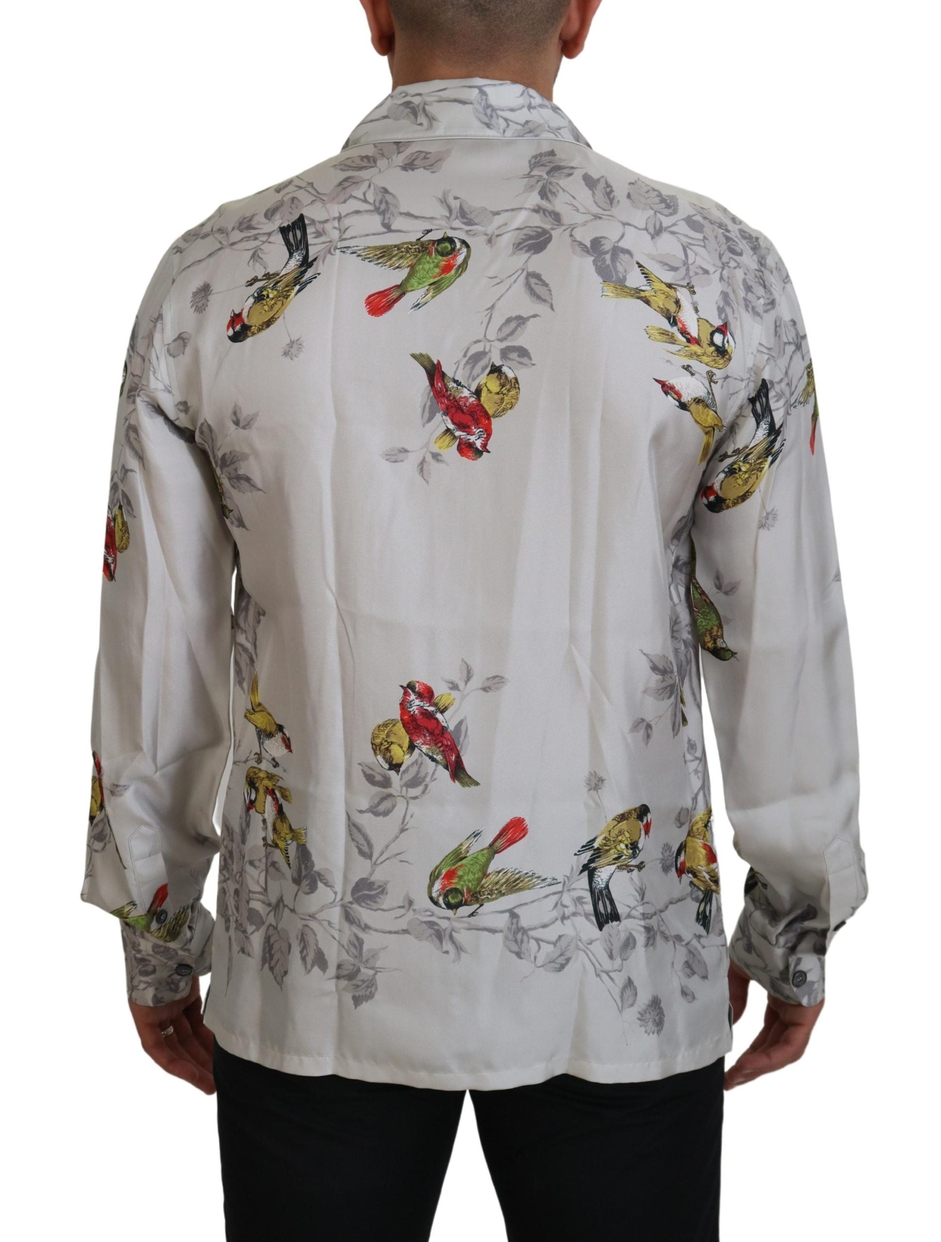 Dolce & Gabbana White Bird Print Silk Satin Casual Shirt