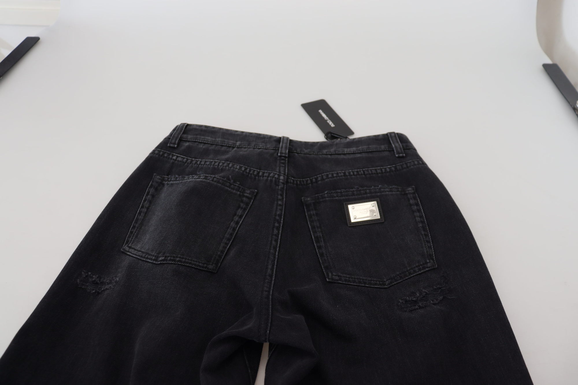 Dolce & Gabbana Black Cotton Tattered High Waist Denim Jeans