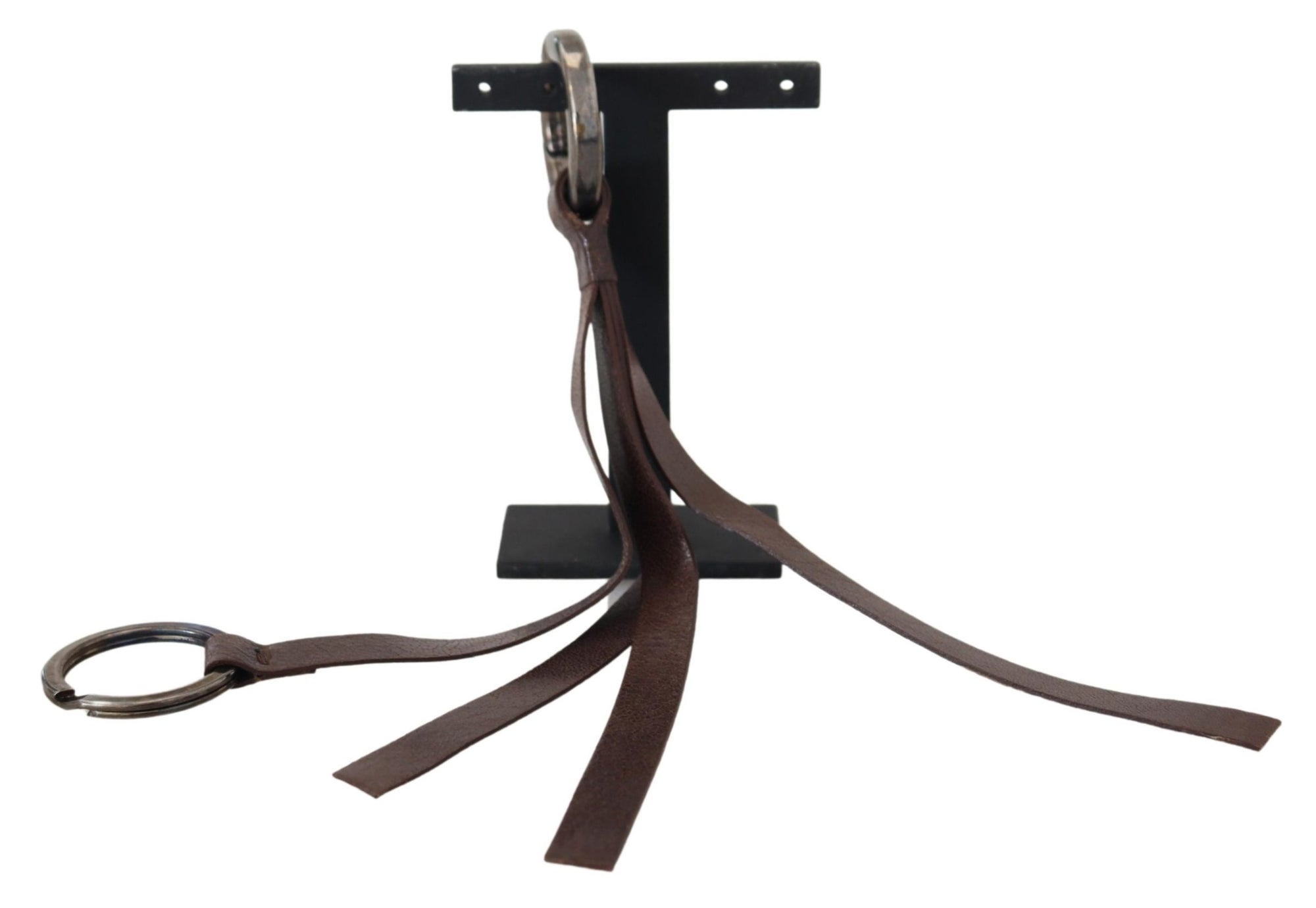 Costume National Brown Leather Silver Tone Metal Keyring Keychain - Maison Luxe