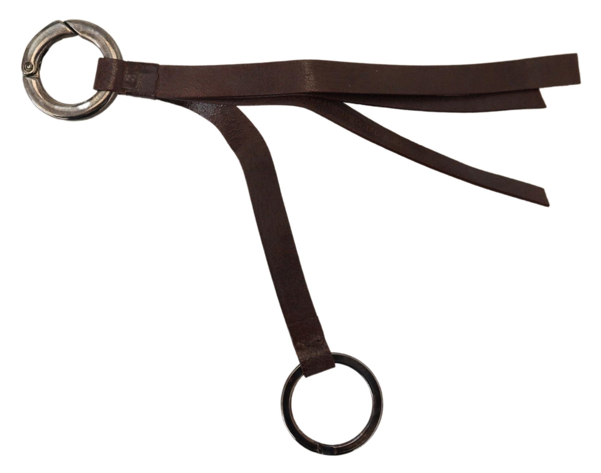 Costume National Brown Leather Silver Tone Metal Keyring Keychain - Maison Luxe