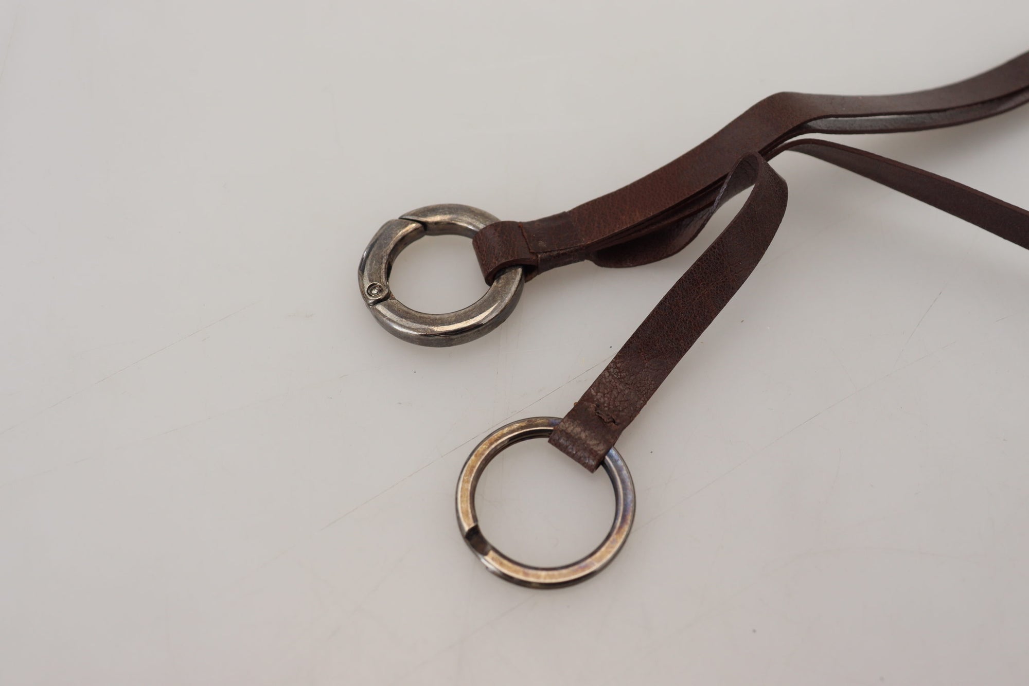 Costume National Brown Leather Silver Tone Metal Keyring Keychain - Maison Luxe