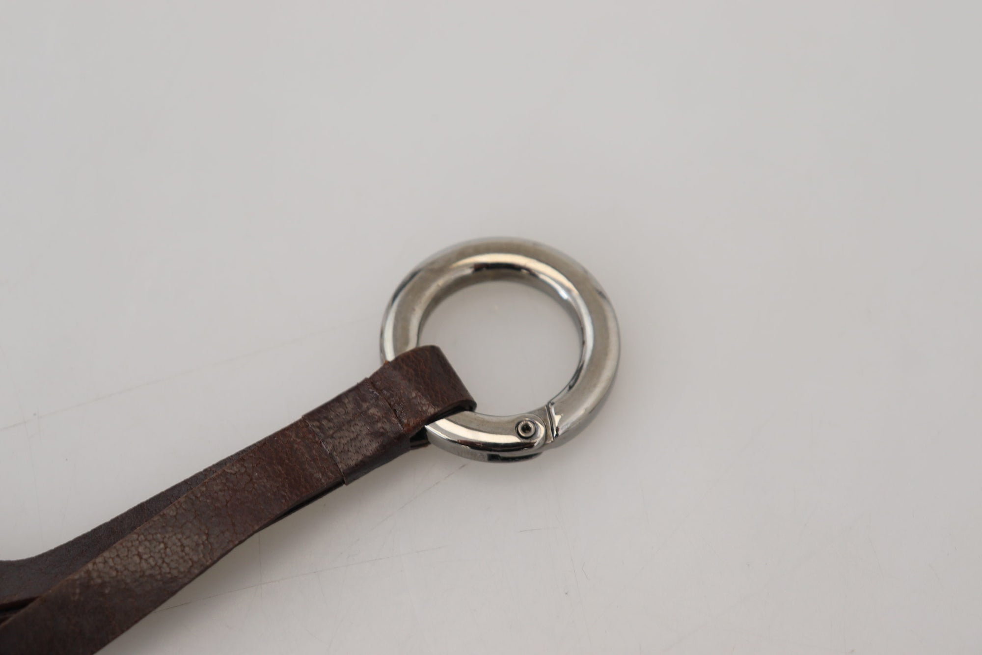 Costume National Brown Leather Silver Tone Metal Keyring Keychain - Maison Luxe