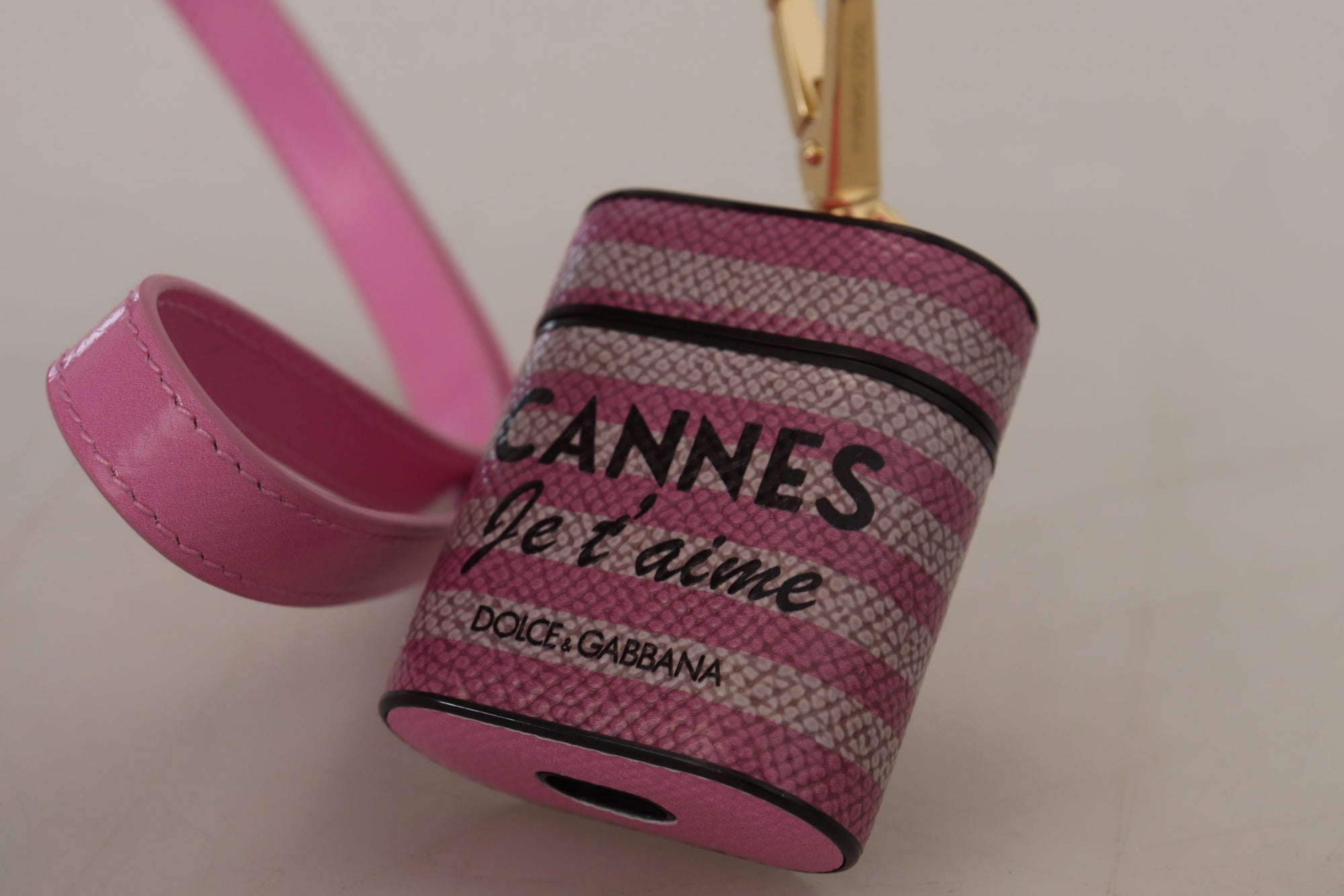 Dolce & Gabbana Pink Black Leather Strap Gold Metal Logo Airpods Case - Maison Luxe