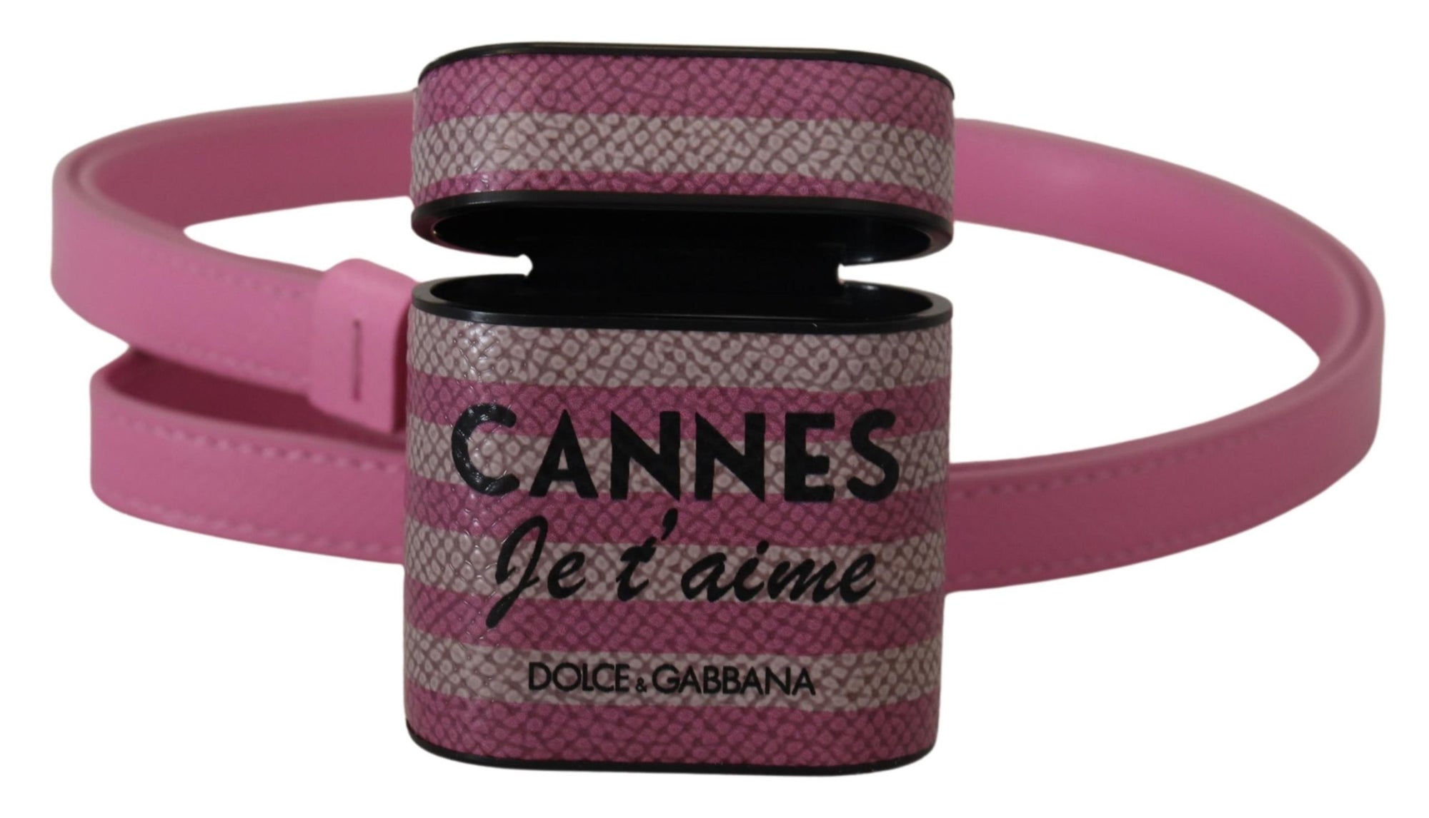 Dolce & Gabbana Pink Black Leather Strap Gold Metal Logo Airpods Case - Maison Luxe