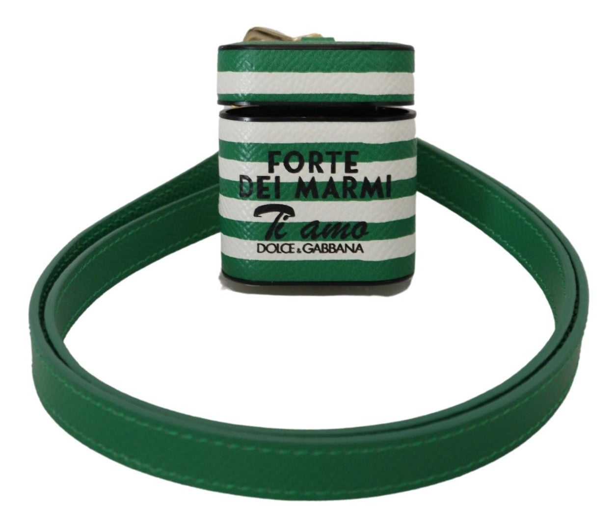 Dolce & Gabbana Green Leather Strap Gold Metal Logo Airpods Case - Maison Luxe