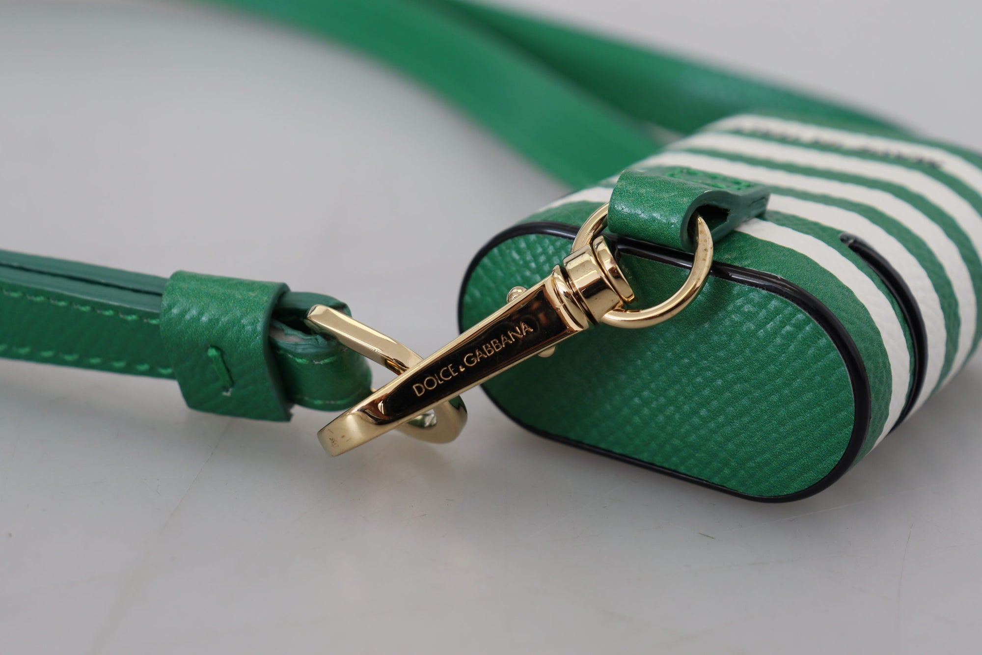 Dolce & Gabbana Green Leather Strap Gold Metal Logo Airpods Case - Maison Luxe