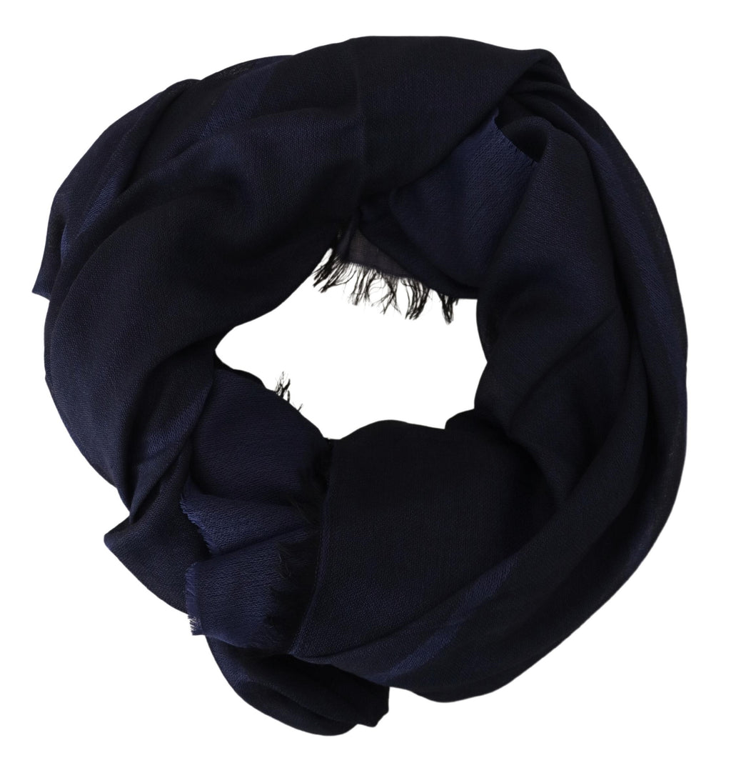 GF Ferre Dark Blue Wool Neck Wrap Shawl Fringes Scarf - Maison Luxe