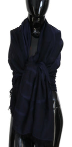 GF Ferre Dark Blue Wool Neck Wrap Shawl Fringes Scarf - Maison Luxe