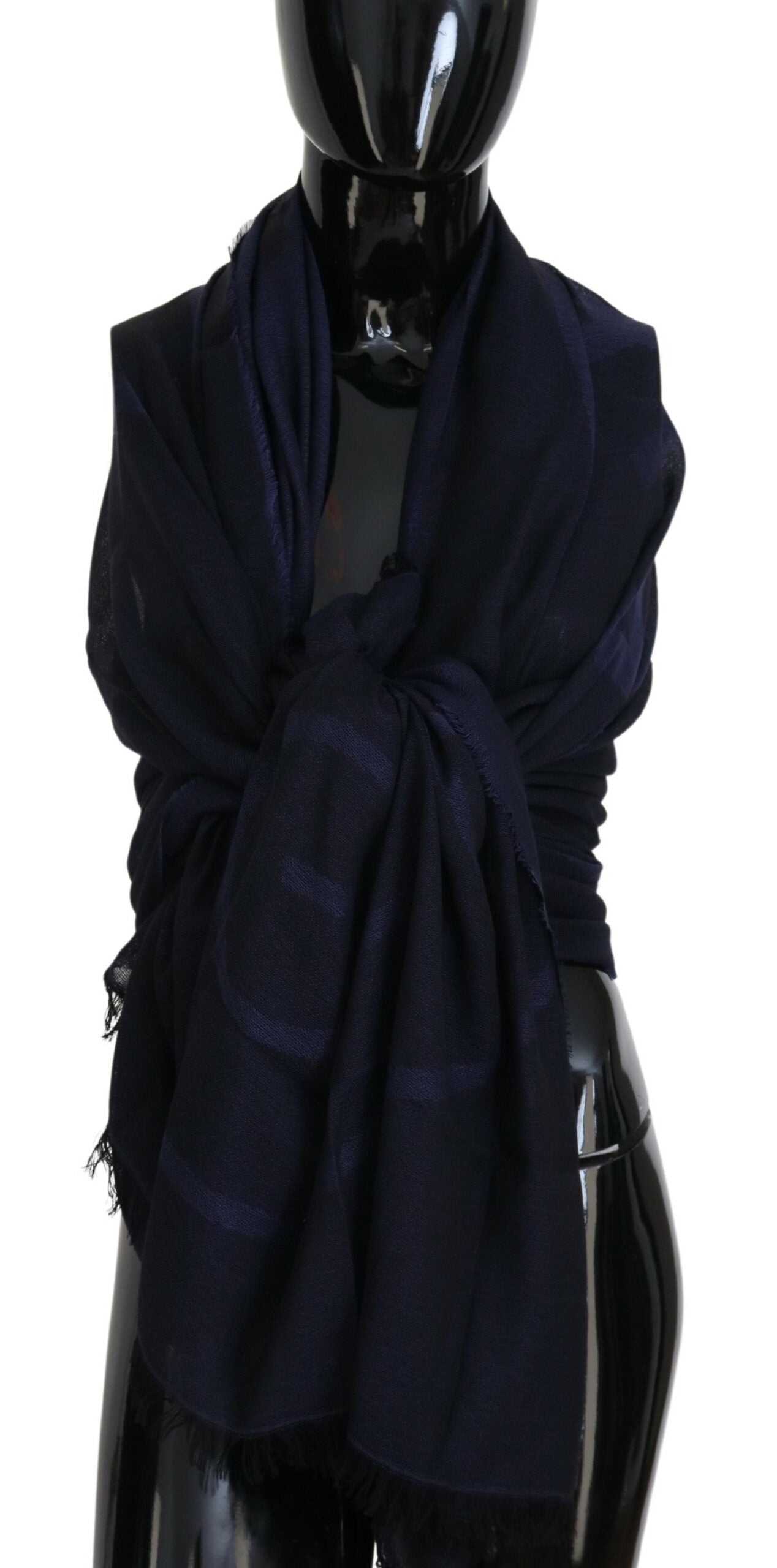 GF Ferre Dark Blue Wool Neck Wrap Shawl Fringes Scarf - Maison Luxe