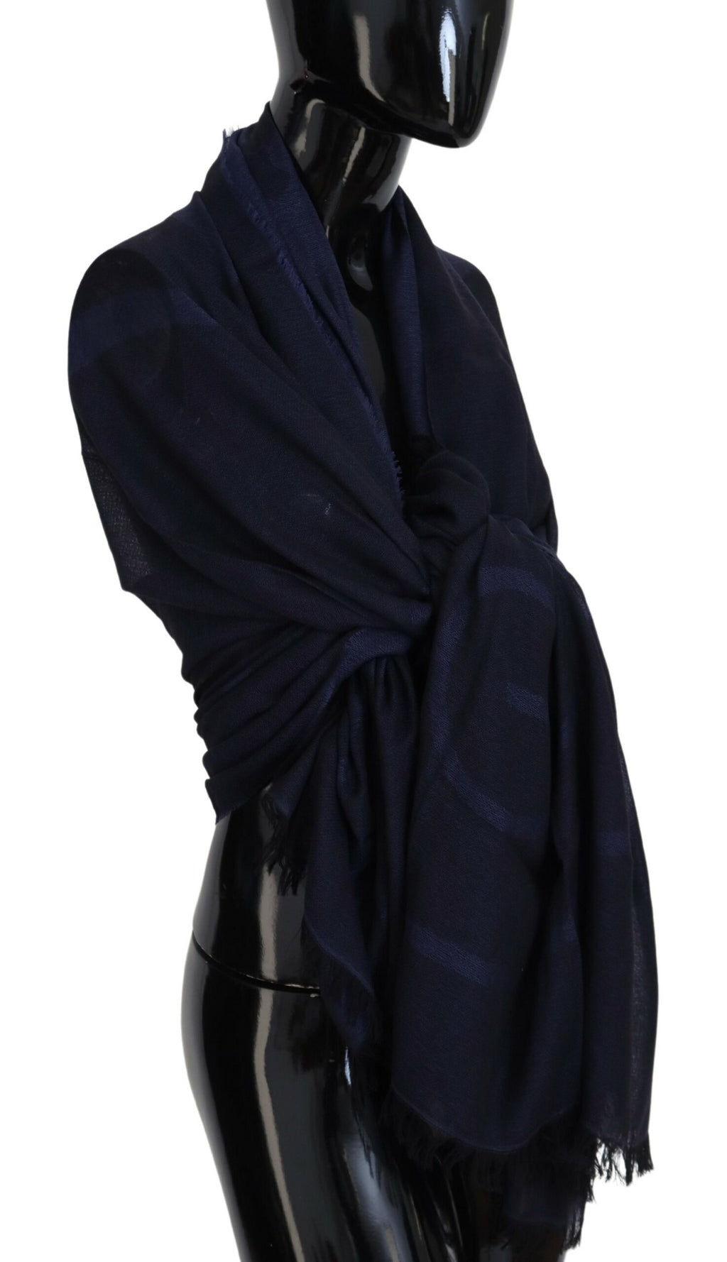 GF Ferre Dark Blue Wool Neck Wrap Shawl Fringes Scarf - Maison Luxe