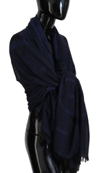 GF Ferre Dark Blue Wool Neck Wrap Shawl Fringes Scarf - Maison Luxe