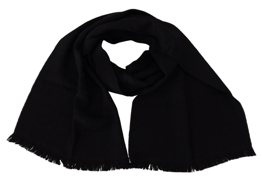 GF Ferre Black Wool Neck Wrap Shawl Fringes Scarf - Maison Luxe