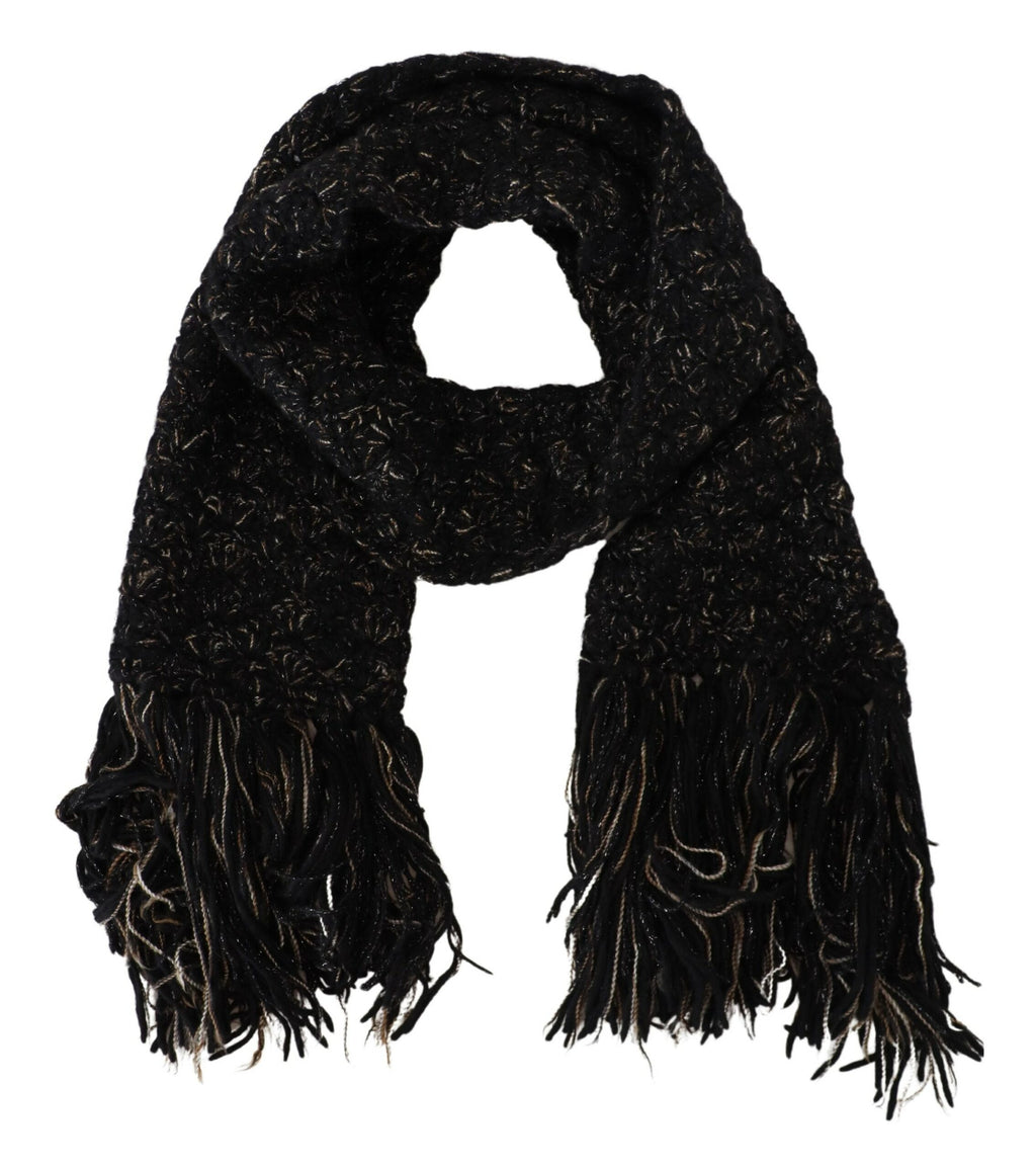 Dolce & Gabbana Black Wool Knitted Wrap Foulard Fringe Scarf - Maison Luxe