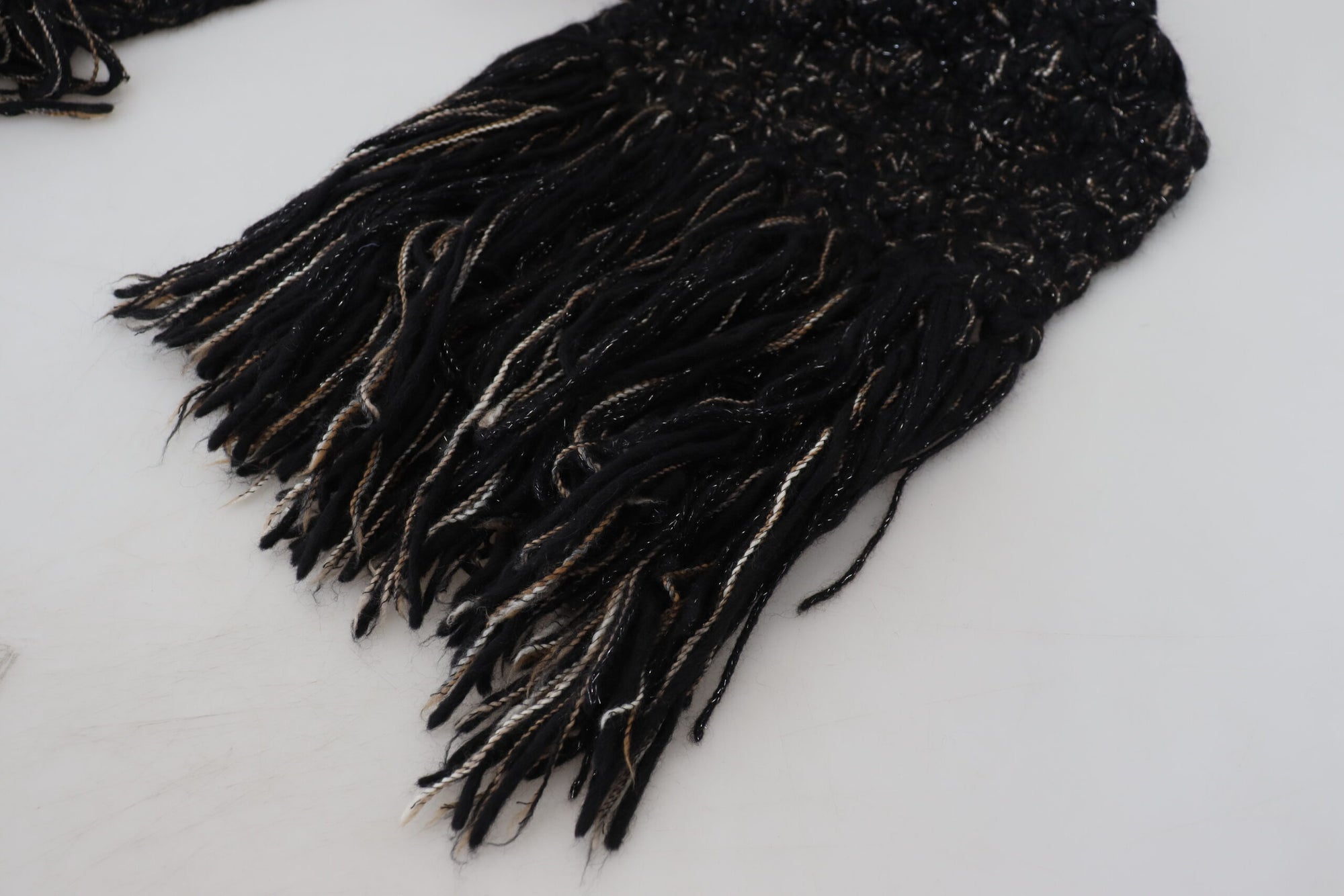 Dolce & Gabbana Black Wool Knitted Wrap Foulard Fringe Scarf - Maison Luxe