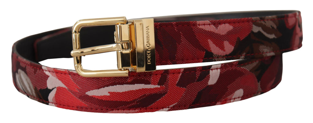 Dolce & Gabbana Red Jacquard Rose Leather Gold Metal Buckle Belt - Maison Luxe