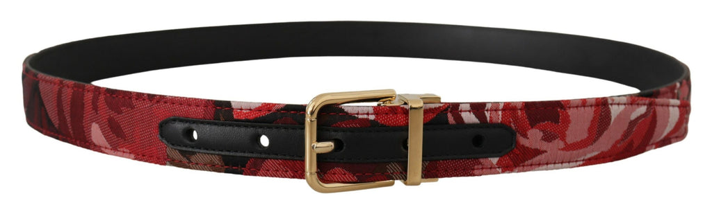 Dolce & Gabbana Red Jacquard Rose Leather Gold Metal Buckle Belt - Maison Luxe