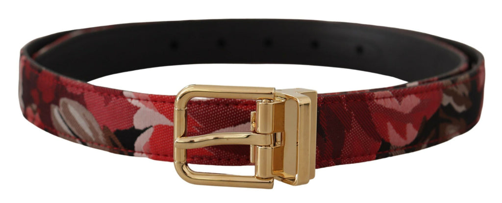 Dolce & Gabbana Red Jacquard Rose Leather Gold Metal Buckle Belt - Maison Luxe
