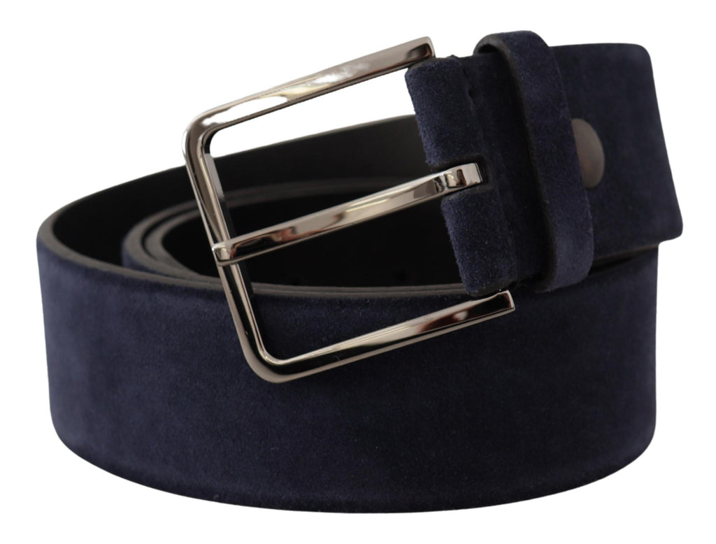 Dolce & Gabbana Navy Blue Velvet Leather Silver Logo Buckle Belt - Maison Luxe