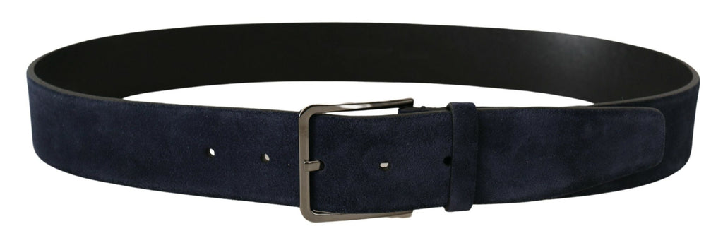 Dolce & Gabbana Navy Blue Velvet Leather Silver Logo Buckle Belt - Maison Luxe