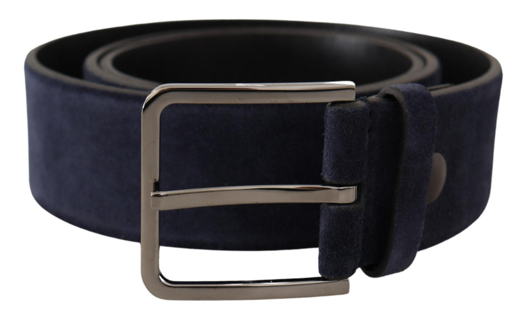 Dolce & Gabbana Navy Blue Velvet Leather Silver Logo Buckle Belt - Maison Luxe