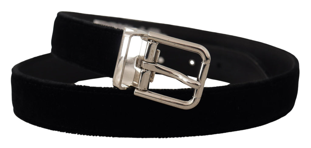 Dolce & Gabbana Black Velvet Silver Tone Metal Logo Buckle Belt - Maison Luxe