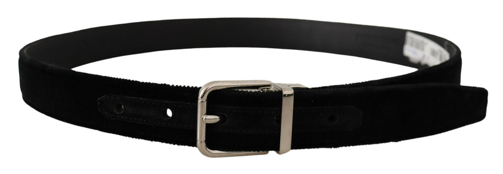 Dolce & Gabbana Black Velvet Silver Tone Metal Logo Buckle Belt - Maison Luxe