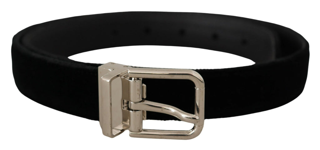 Dolce & Gabbana Black Velvet Silver Tone Metal Logo Buckle Belt - Maison Luxe