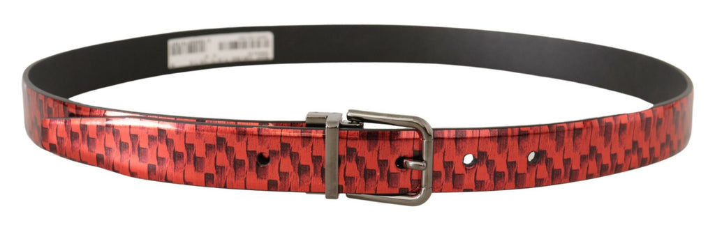 Dolce & Gabbana Red Herringbone Leather Gray Tone Buckle Belt - Maison Luxe