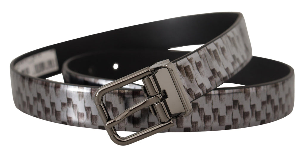 Dolce & Gabbana Gray Herringbone Leather Gray 3D Metal Buckle Belt - Maison Luxe