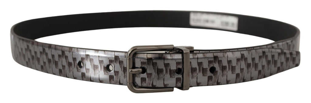 Dolce & Gabbana Gray Herringbone Leather Gray 3D Metal Buckle Belt - Maison Luxe