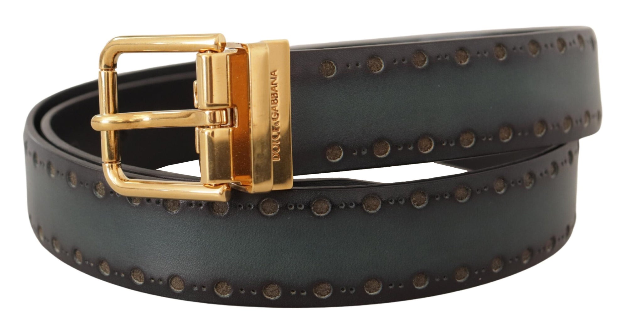 Dolce & Gabbana Green Perforated Leather Brass Metal Belt - Maison Luxe