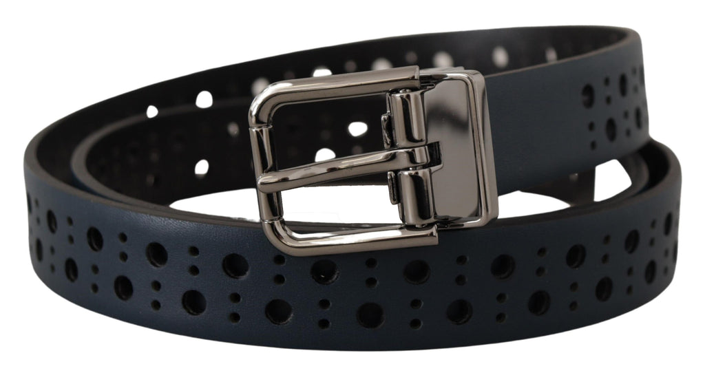 Dolce & Gabbana Navy Blue Perforated Leather Skinny Metal Buckle Belt - Maison Luxe