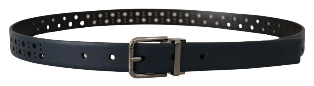 Dolce & Gabbana Navy Blue Perforated Leather Skinny Metal Buckle Belt - Maison Luxe