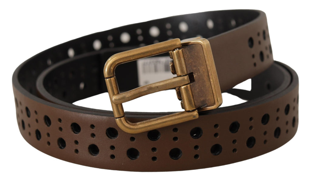 Dolce & Gabbana Brown Leather Perforated Crown Belt - Maison Luxe