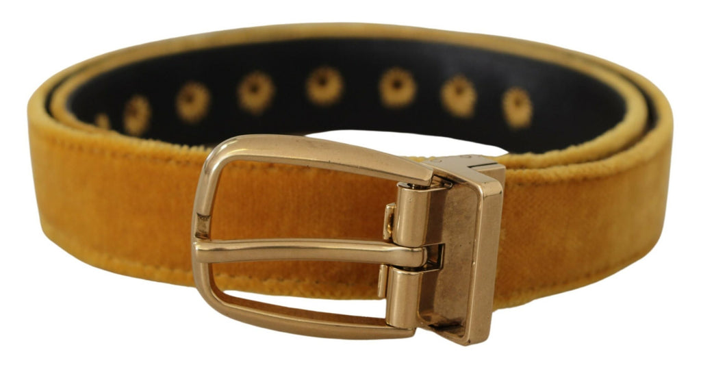 Dolce & Gabbana Mustard Velvet Gold Logo Engraved Metal Buckle Belt - Maison Luxe